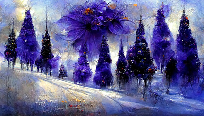 purple winter landscape, oil painting