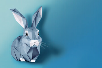 Paper craft gray rabbit. Gray origami rabbit on blue background. Handcraft paper rabbit. Design element. - obrazy, fototapety, plakaty