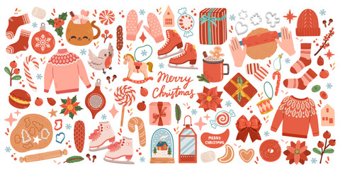 Christmas big set of elements with cookies, houses, presents, sweater, fur tree, wreaths. Stickers set. Hand drawn style