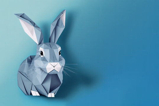 Paper craft gray rabbit. Gray origami rabbit on blue background. Handcraft paper rabbit. Design element.