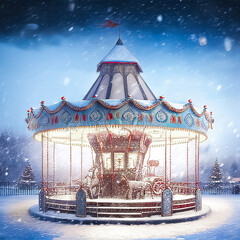 Winter carousel under snow - obrazy, fototapety, plakaty
