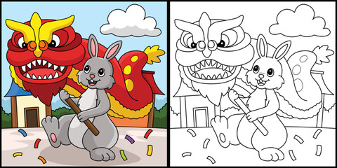 Rabbit Dragon Dancing Coloring Page Illustration