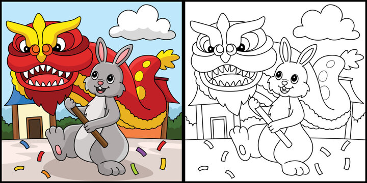 Rabbit Dragon Dancing Coloring Page Illustration