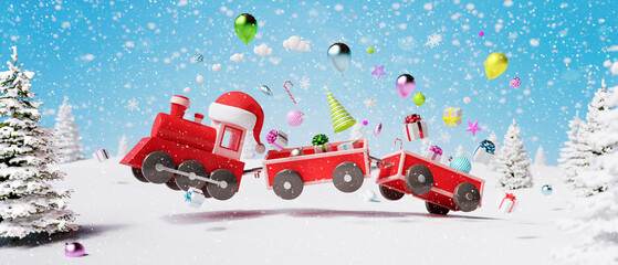 Red train and wagons jump with gifts and Christmas decorations in snowy landscape. Happy Holidays greeting card 3d render 3d illustration © brankospejs
