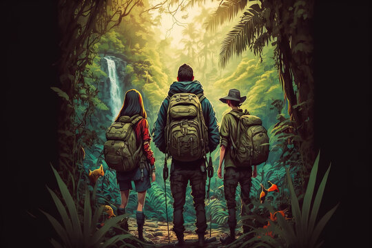 Adventure concept art featuring a group of friends standing and overlooking a lush jungle rainforest in an epic, fantasy wallpaper. Overgrown nature with explorers on an adventure. generative ai