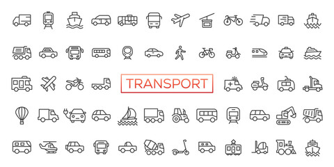 Transport thin line icons set. Vehicle icons. Transport symbols collection. Transport types. Vector illustration