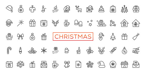Christmas line icon collection. Holiday symbol. Outline Xmas icons set. Santa claus, gift, angel, box, bow, bell, christmas tree, fireworks, snow, snowman, bag and more