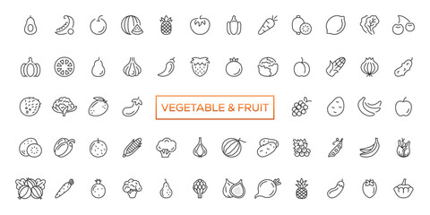 Fruits and vegetables icons set. Vector line icons, modern linear design graphic elements, outline symbols