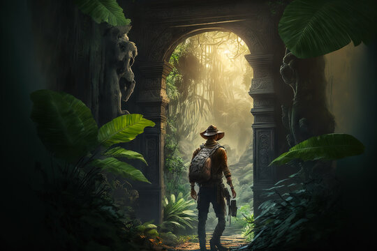 An explorer walking in the middle of the jungle through a secret gate. An adventurer in a green tropical rainforest discovering a secret passage in an epic, cinematic illustration. generative ai