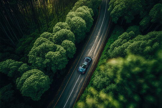 Aerial View Of A Modern Luxury Car Speeding Through A Forest Road. Green Trees From Sides Of The Road With A Modern Vehicle Driving In The Summer. Pine Tree Woods And New Vehicle On A Roadtrip.