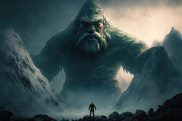 Fantasy concept art of an ancient giant as tall as mountains versus a man. Enormous mythical human like creature in a fictional storybook artwork. Humongous gigantic beast watching a man. - obrazy, fototapety, plakaty