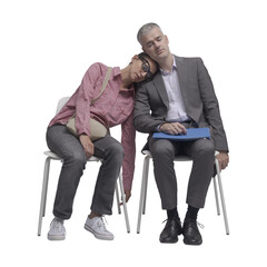 Two people sleeping on chairs PNG file no background