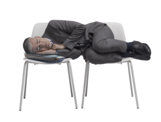 Exhausted businessman sleeping on chairs PNG file no background