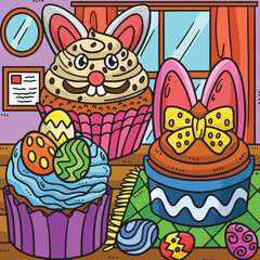 Easter Cupcakes Colored Cartoon Illustration