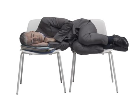 Exhausted businessman sleeping on chairs PNG file no background