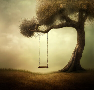 dreamy and vintage landscape of swing hanging on tree