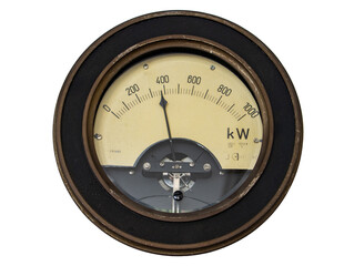 A circular dial showing the current state of electricity consumption on a historical wattmeter