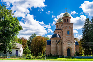 Obraz premium Christian church cross in high steeple tower for prayer