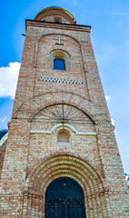 Christian church cross in high steeple tower for prayer