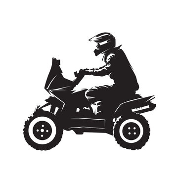 Quadbike isolated vector silhouette, atv racing. Rally with quad logo, side view
