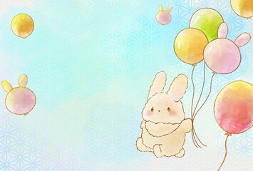 ハガキサイズの風船で空飛ぶうさぎ　     (コピースペース有り版&横ver)