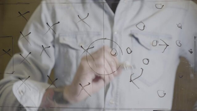 Football coach drawing game tactics with arrows pointing directions