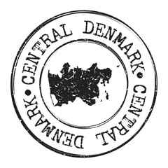 Central Denmark Region, Denmark Silhouette Postal Passport. Stamp Round Vector Icon Map. Design Travel Postmark. 