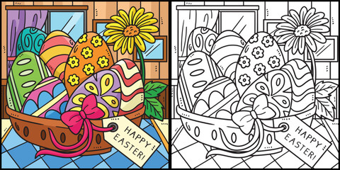 Happy Easter Egg Basket Coloring Illustration