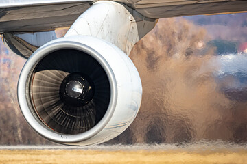 Aircraft jet engine. Plane turbofan motor. Aerospace and aviation industry. - obrazy, fototapety, plakaty