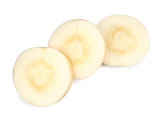 Tasty cut fresh ripe parsnip on white background, top view