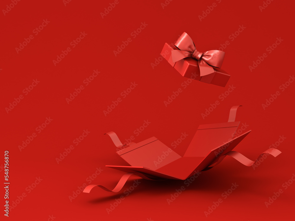 Poster all red gift box concepts blank open present box or opening gift box with red ribbon bow isolated on