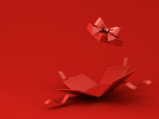 All red gift box concepts blank open present box or opening gift box with red ribbon bow isolated on dark red background for christmas and chinese new year decorations minimal conceptual 3D rendering