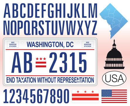 Washington DC license plate pattern with numbers, letters and symbols, USA, vector illustration