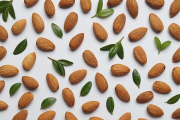 Delicious almonds and fresh leaves on white background, flat lay