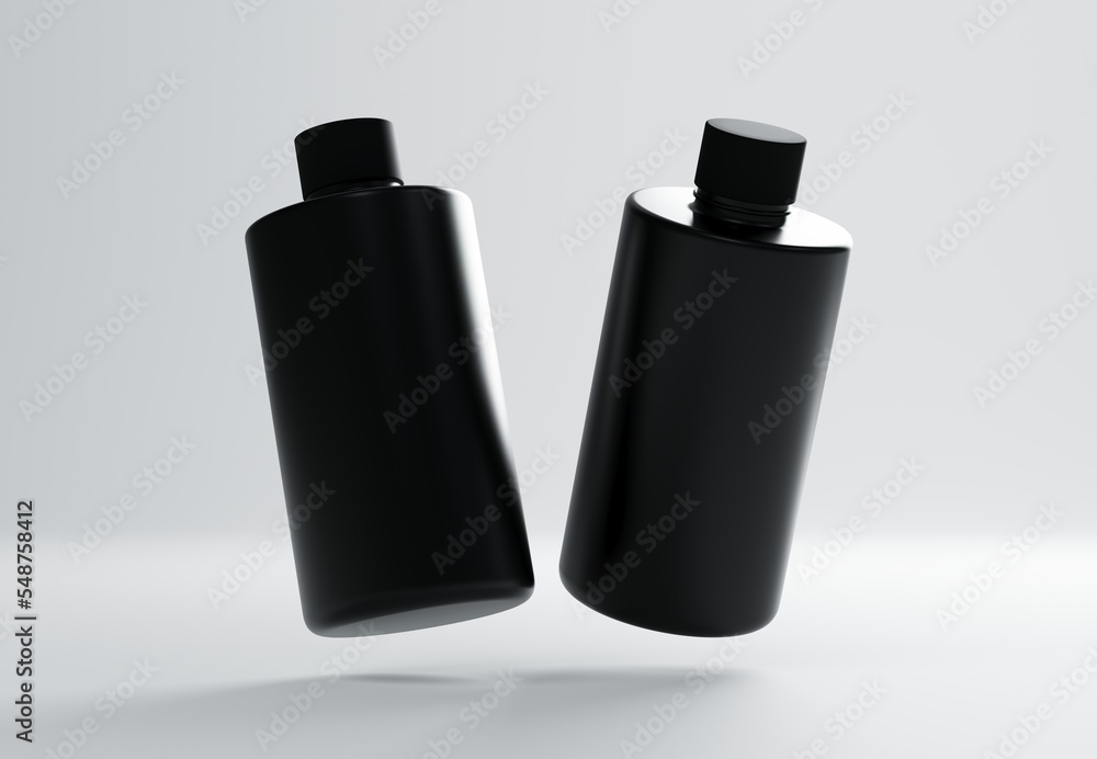 Wall mural two plastic shampoo bottles floating on gray background 3d render mockup