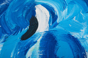 Beautiful strokes of blue oil paints on white canvas as background, closeup