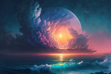 Obraz na płótnie Canvas World within worlds - moon as a portal rift to another dimension in time and space with turbulent ocean waves and surreal clouds. Fantasy unreal sci-fi seascape digital illustration.