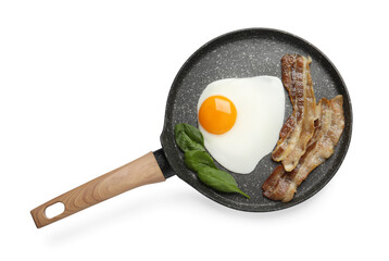 Tasty cooked chicken egg with bacon in frying pan isolated on white, top view