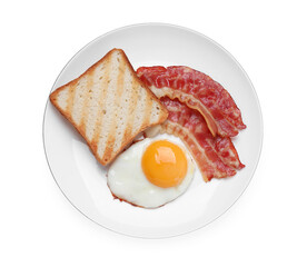 Plate with delicious fried egg, bacon and toast isolated on white, top view