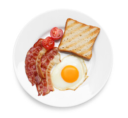 Plate with delicious fried egg, bacon and toast isolated on white, top view
