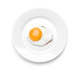 Plate with delicious fried egg isolated on white, top view