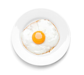 Plate with delicious fried egg isolated on white, top view