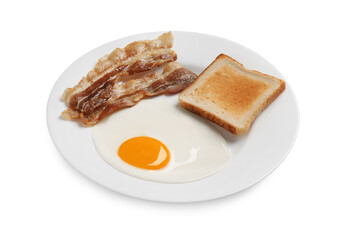 Tasty fried egg with toast and bacon in plate isolated on white