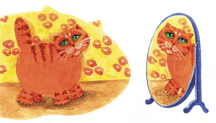 Big red fat cat looking in the mirror. Vintage illustration for children, children's books. Watercolor and colored pencils.