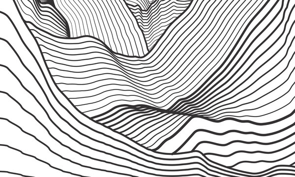 Abstract vector background. Outline mountains. Waves line illustration. Black and white art