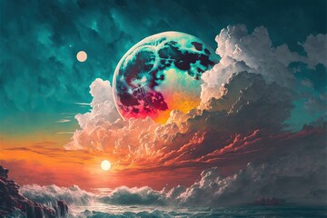 Naklejka na ściany i meble World within worlds - moon as a portal rift to another dimension in time and space with turbulent ocean waves and surreal clouds. Fantasy unreal sci-fi seascape digital illustration.