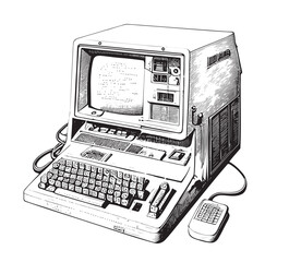 Retro computer sketch hand drawn sketch, engraving style vector illustration