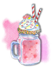 Watercolor sketch of milkshake. Artwork on watercolor background.