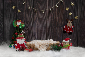 Newborn digital backdrop with basket and christmas decoration on wooden background. Newborn...