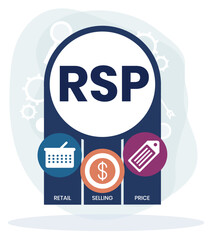 RSP - retail selling price. acronym business concept. vector illustration concept with keywords and icons. lettering illustration with icons for web banner, flyer, landing page, presentation
